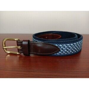 Vineyard Vines Leather & Canvas Belt Size 30 Navy Brown Whale Patterned EUC